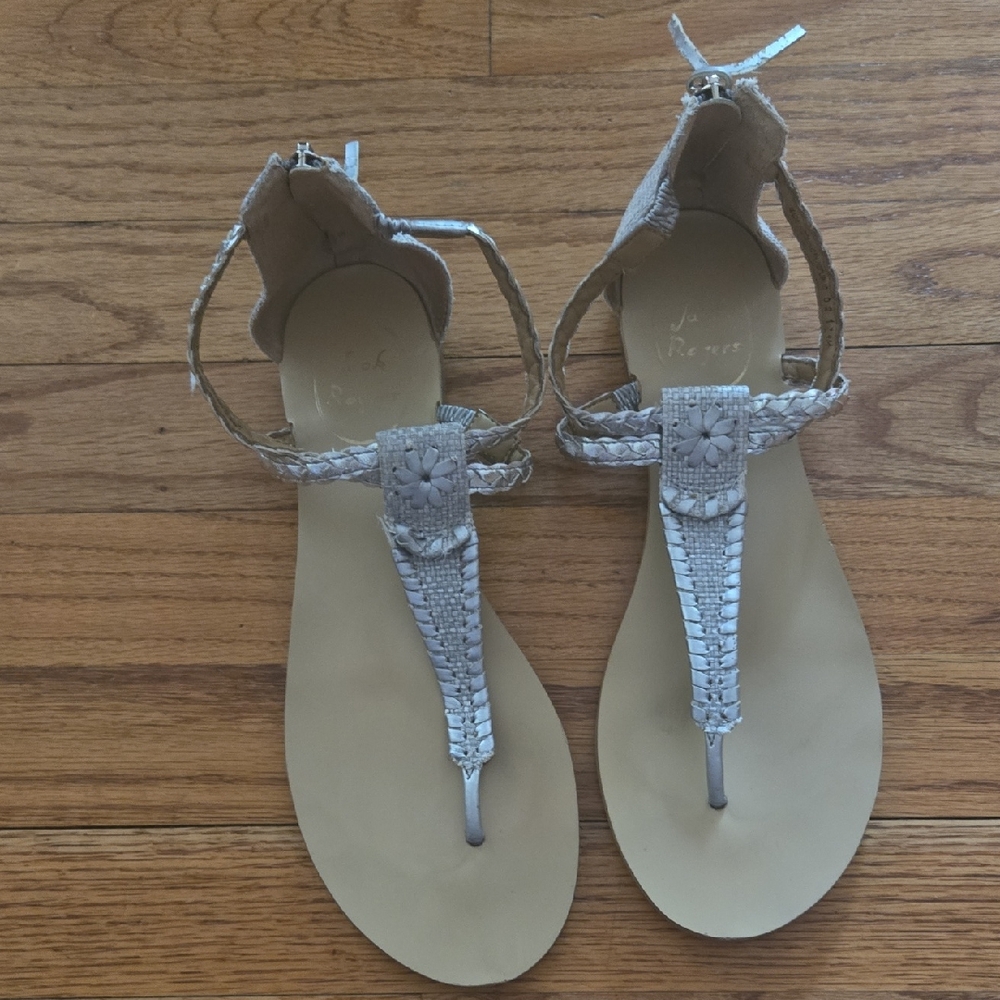 Jack Rogers Gray T-Strap Sandals with Rhinestone Embellishments